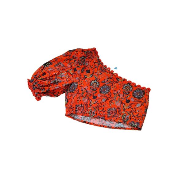 Farm Rio One Shoulder Puff Sleeve Boho Crop Top Red Paisley Floral Embroidered S - Picture 8 of 13